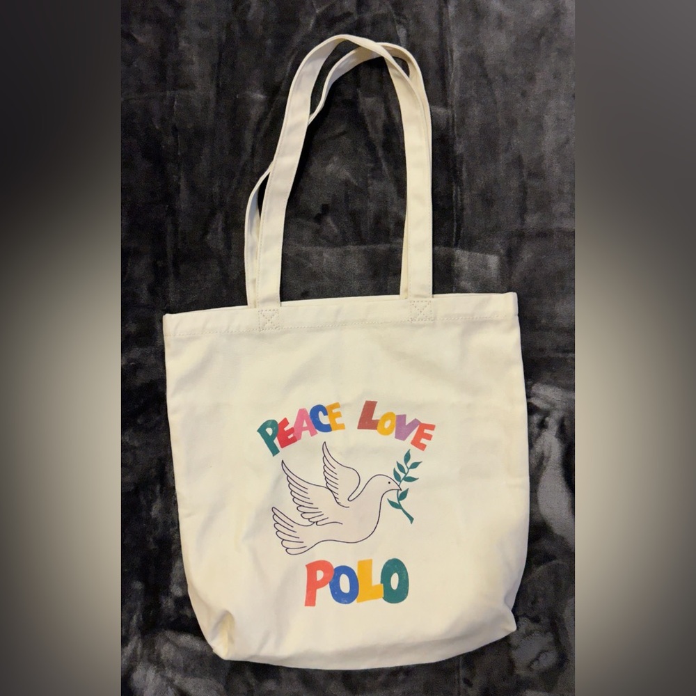 NWOT Polo RALPH LAUREN Womens Bag Canvas TOTE Multicolor PEACE LOVE POLO